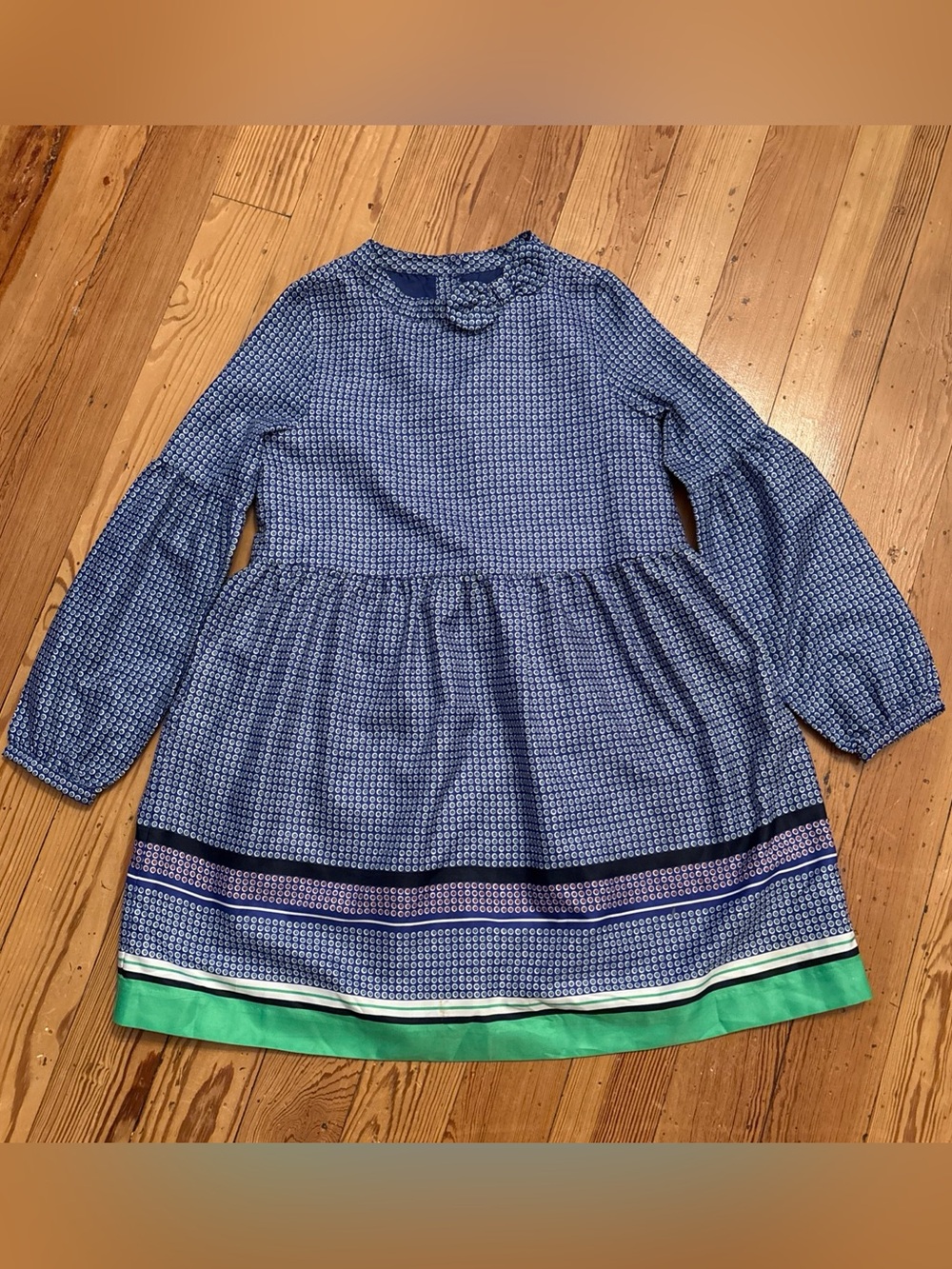 JANIE & JACK Blue Green Dots Long Sleeve Dress, Kids Girl’s Size 10